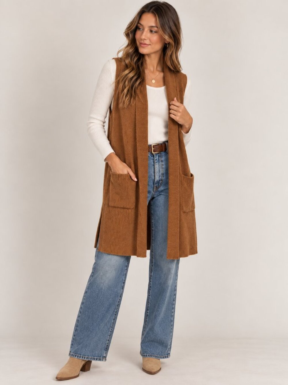 Cyrus XL Caramel Brown Long Sweater Vest Open Front Pockets Boho Fall Cozy
